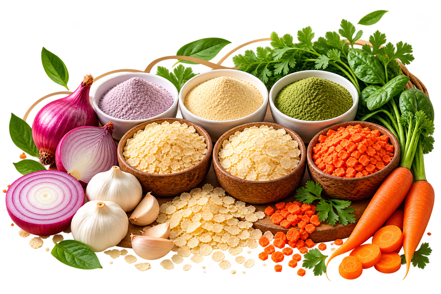 Bulk dehydrated vegetables including onion and garlic for food processing